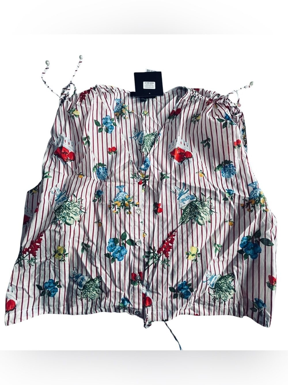 Striped Floral Drawstring Crop Top - White with Red Stripes